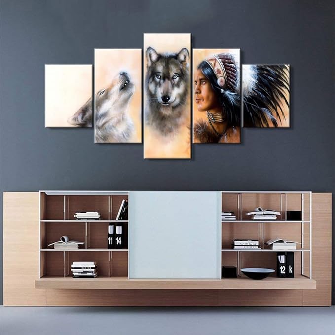 5 Pieces Native American Decor Indian Decor Chief with Wolves Poster Indian Wall Decor Native American Wall Decor Indian Wall Art Native American Art Indian Art for Living Room Decor (60''W x 32''H)