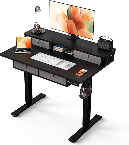 Kingant 40 x 24 Inch Small Electric Standing Desk with 4 Drawers, Height Adjustable Sit to Stand Computer Desk with Storage Shelf and C-Clamp Mount Compatibility for Home Office, Black