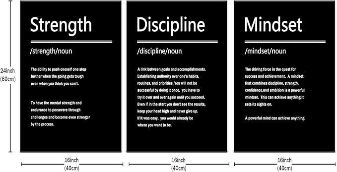 Motivational Poster Strength Discipline Mindset Inspirational Wall Art 3 Pieces Canvas Print Office Wall Decor Inspiring Affirmation Quotes for Living Room Gym Stretched and Framed [48''Wx 24''H]