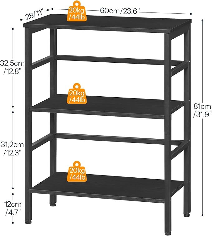 HOOBRO 3 Tier Bookshelf, Industrial Bookcase, Record Storage Rack with Side Fence, Wood Storage Shelf with Metal Frame, Rustic Open Display Shelf for Living Room, Bedroom, Black BB86CJ01G1