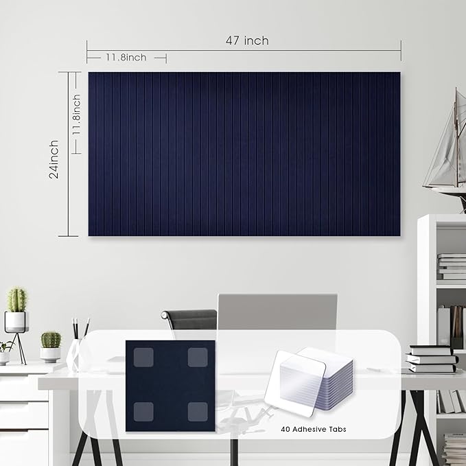Large Cork Board for Office, 8 Pack Felt Wall Tiles with Slat Wall Paneling and Safe Removable Adhesive Tabs, Felt Bulletin Board Pin Board Cork Boards for Walls - Dark Blue