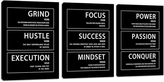 3 Piece Motivational Hustle Grind Execution Wall Art Quotes Wall Decor Office Art Inspirational Success Mindset Conquer Canvas Wall Art Poster Prints Office Decor - 48" W x 24" H