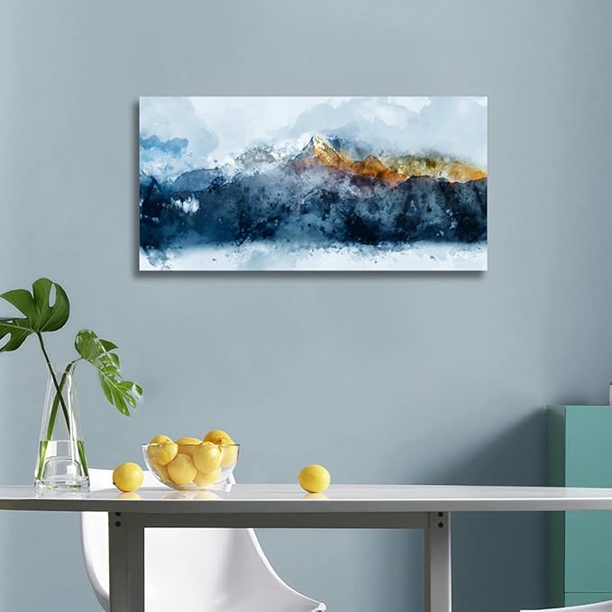 arteWOODS Mountain Canvas Wall Art Indigo Abstract Mountain Painting Prints Blue Clouds Orange Mountain Peaks Pictures Artwork for Living Room Bedroom Gallery Wall Decor Ready to Hang 24" X 48"