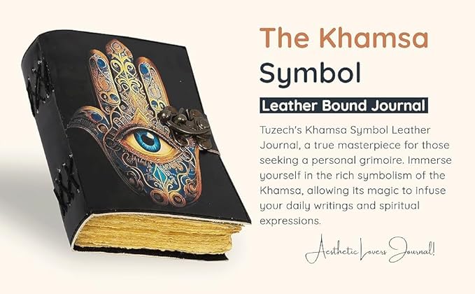 TUZECH Book of Spells Leather Bound Journal Deckle Edge Paper Grimoire Printed Diary Third Eye witchcraft supply and Witch Spell Notebook Antique Vintage Book for Men and Women (The Khamsa Symbol)