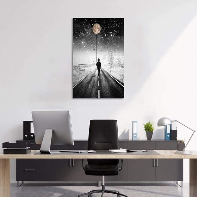 Yatsen Bridge The Road Inspirational Canvas Wall Art, Boy Walking in the Moonlight Canvas Picture Art Print, Modern House Wall Decorations Stretched and Framed Ready to Hang - 28x44 inches