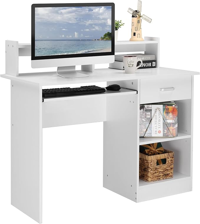 Karl home Computer Desk Study Writing Desk, PC Laptop Table Wooden Home Office Workstation with Drawer Shelf Keyboard Tray, White