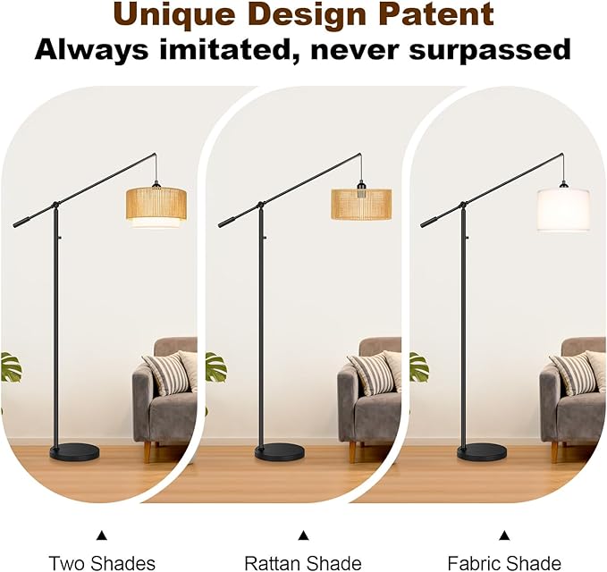 【Upgraded】Dimmable Boho Floor Lamp for Living Room, Modern Swing Arm Floor Lamp with Rattan & Fabric Shades, Black Rattan Standing Lamp with 11W Bulb, Farmhouse Adjustable Tall Lamp for Bedroom Office