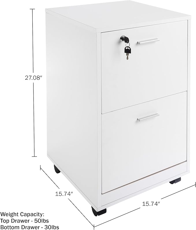 Lavish Home File Cabinet - 2-Drawer Cabinet with Lock and Deep Drawer Storage - Rolling Filing Cabinet for Under The Desk, Home, or Office (White)