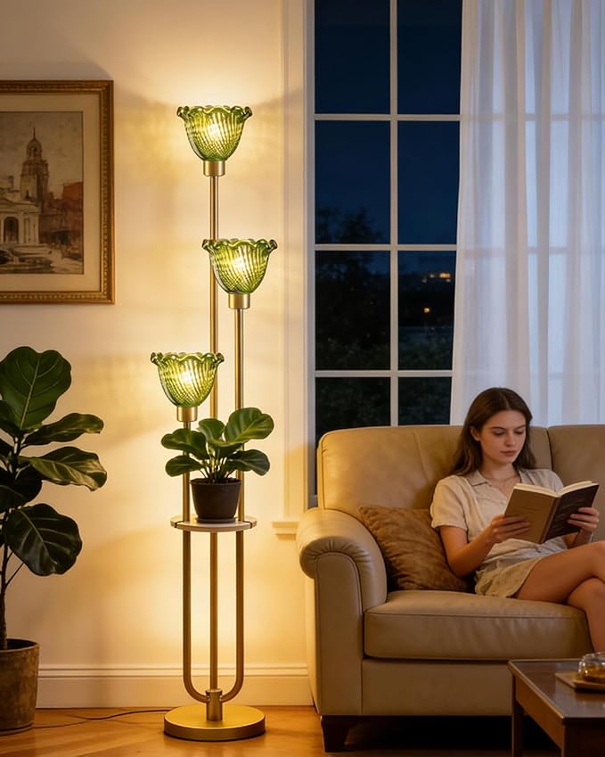 Lightdot Green Glass Floor Lamp for Living Room Dimmable Gold Floor Lamp with Glass Shade & 3000K Bulbs Included 3-Lights Modern Tall Standing Lamp for Bedroom/Sofa Beside/Corner Decor