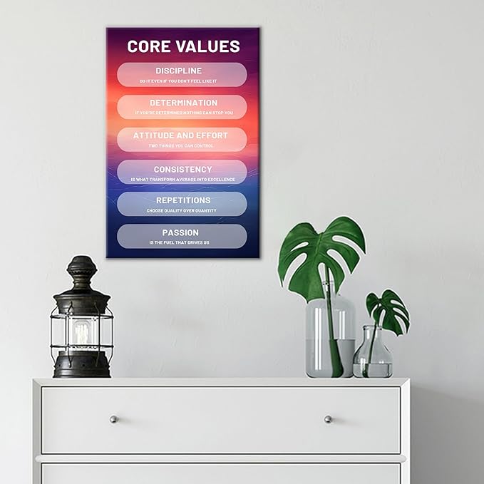 Core Values Inspirational Canvas Wall Art Motivational Entrepreneur Quotes Poster Print Positive Picture Wooden Painting for Bedroom Office Wall Decor Stretched and Framed [12''Wx18''H]