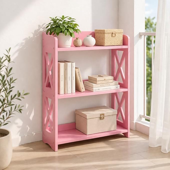 Narrow Bookcase by Natural Wood, 3 Tier Bookshelf, Small Book Shelves Freestanding Display Storage Shelves. Open Bookshelf for Bedroom, Living Room and Office (Pink, 3 Tier)