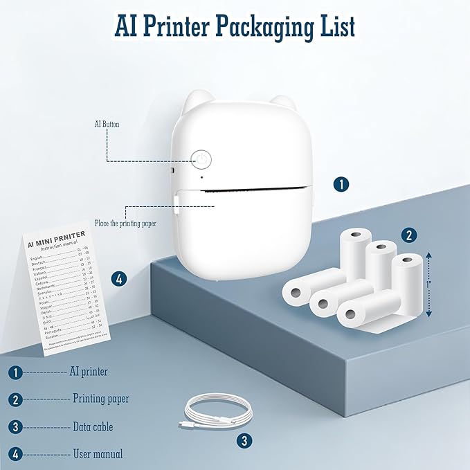 Mini Thermal Printer-AI Voice Sticker Printer Voice-Controlled Portable Printer for Home, Office, Study, and DIY Crafts (6 Rolls Included)