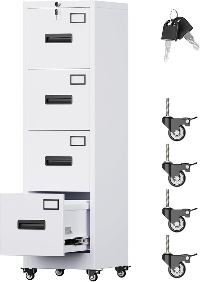 Aobabo 4 Drawer Filing Cabinet with Wheels, Lockable Metal File Cabinet with Name Card for Office and Home,Required Assembly,White