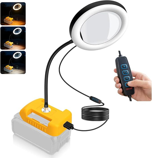 8X Magnifying Glass with Light and Battery Adapter for DeWalt 20V Li-ion Battery, 72 LED 3 Color Modes Stepless Dimmable Desk Lamp, Hands Free Flexible Gooseneck Magnifier for Close Works Crafts Hobby