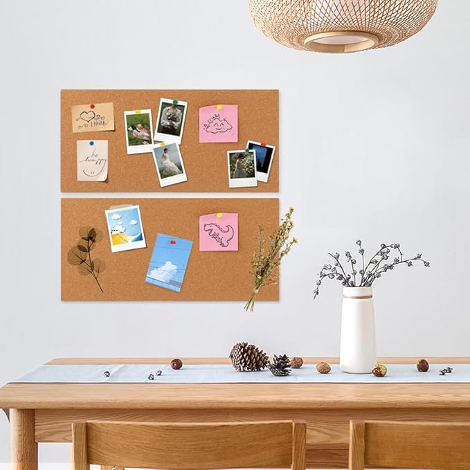 2 Pack Rectangle Cork Boards for Walls,1/2" Thick Cork Tiles with 20 Push Pins,Self-Adhesive Frameless Bulletin Board for School,Home & Office(Size:17x8x0.5 inch)