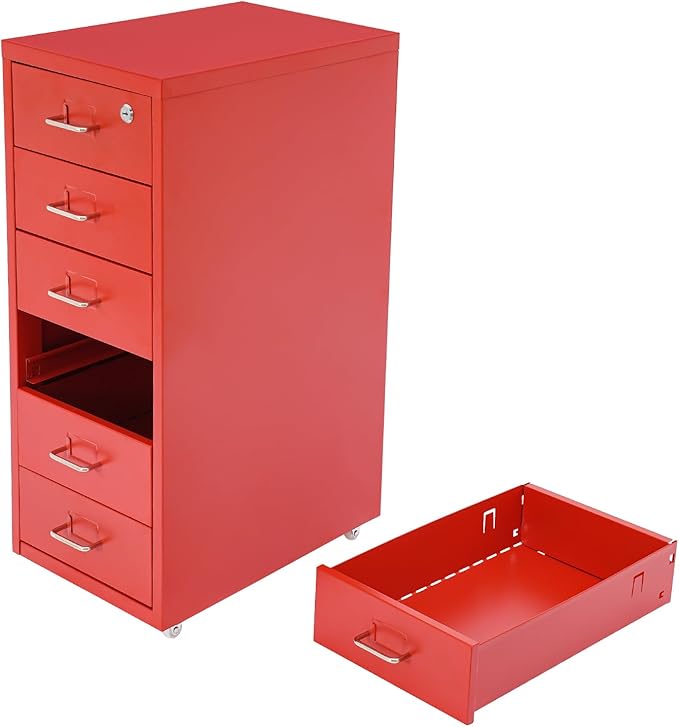 6-Drawer Metal File Cabinet, Mobile File Cabinet with Lock, Rolling Vertical Filing Drawers Under Desk for Home Office, 11 * 16 * 27in (Red)