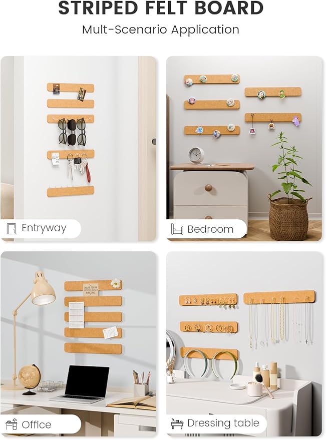 Fluxynara Cork Board Alternative Felt Strip Board 5-Pack 13"x2", Office Pin Board with 35 Push Pins, Adhesive Install for Bedroom Door & Home Office(Sunset Yellow)