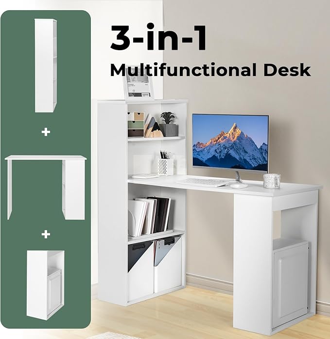 Giantex 48 Inch Computer Desk with Bookshelf, 3-in-1 Home Office Desk with 4-Tier Bookcase & CPU Stand, Space-Saving Reversible Writing Desk Work Table for Bedroom, Study Room, Office (White)