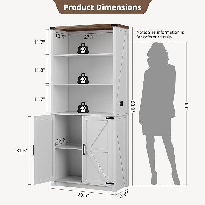 HWB Bookshelf and Bookcase with Doors, Farmhouse 5 Tier Book Shelves with Storage Cabinet, Floor Standing Bookcases with 3-Color Lights for Home Office, Living Room, Bedroom, White