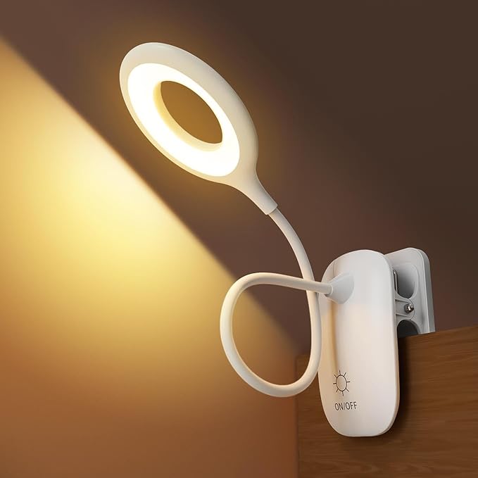 Clip On Reading Light for Bed Headboard, USB Rechargeable Clip Lamp for Dorm Room Essentials, Touch Dim, 3 Colors, Eye Protect Desk Lamp for College Dorm Room, White