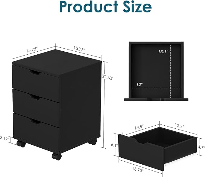 3 Drawer File Cabinet with Wheels, Heavy-Duty Steel Rolling Drawer Cabinet, Under Desk Filing Cabinet for Home Office Storage, 15.74" W x 15.74" D x 22.16" H (Black)