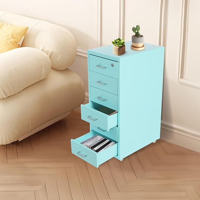 6-Drawer Metal File Cabinet, Metal Filing Storage Vertical Cabinets with Lock Home Office Filing Cabinets for Organization Hanging Letter/Legal/F4/A4 (Light Blue)