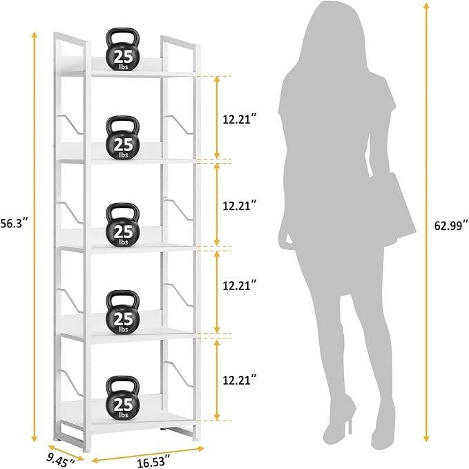 Hosfais 5 Tier Tall Bookshelf: Industrial Wood Book Shelf with Edge Protection Metal Narrow Bookshelf Bookcase Storage Organizer Display Rack for Living Room Home Office (White)