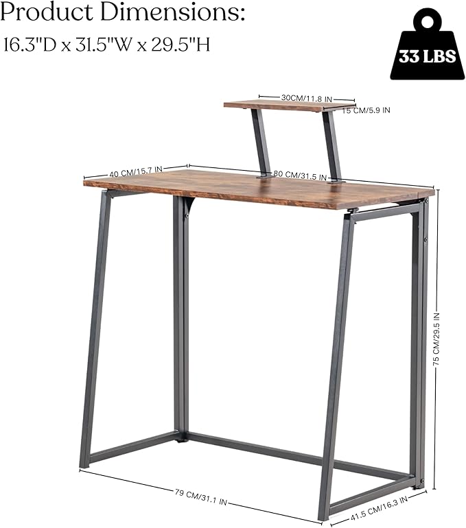 Homy Casa 31.5" Compact Folding Desk, Space-Saving Workstation for Small Spaces, Ideal for Home Office, Dorm, Living Room, and Study (Vintage Brown)