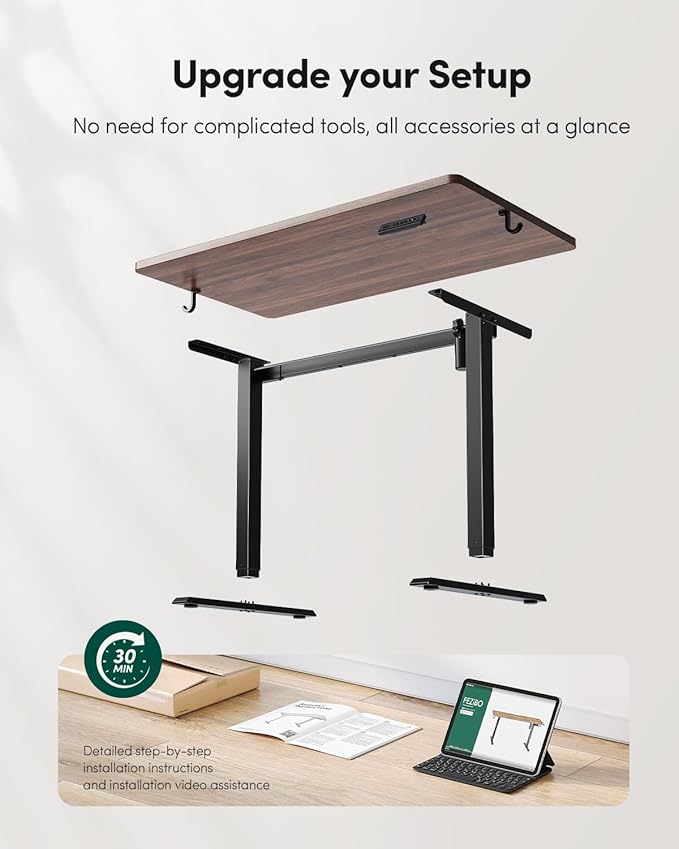 CubiCubi 40 x 24 Small One-Piece Standing Desk, Adjustable Height Electric Computer Sit Stand up Home Office Workstation, with 4 Memory Presets, Headphone Hook, Black Walnut