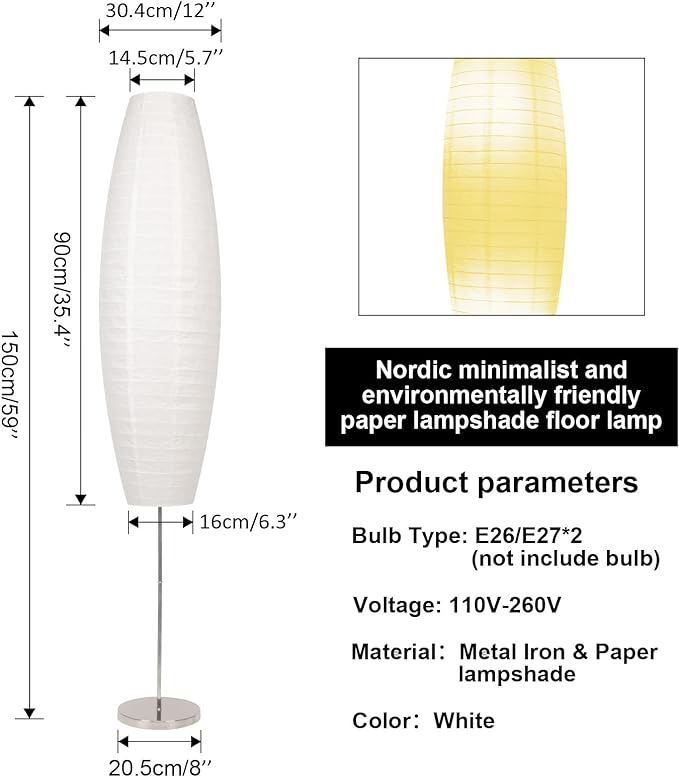 Paper Floor Lamp, 59'' Minimalist Japanese Lamp, Perfect for Living Room, Office, Bedroom, Kids Room, Reading, Home Decor- no Bulb（Oval 2 Pack）