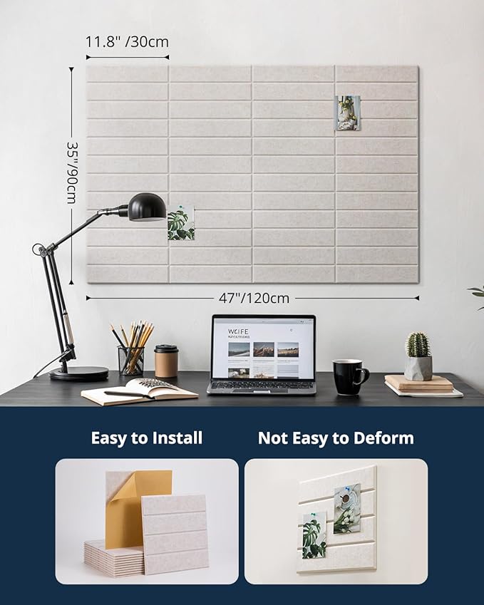 Large Cork Board, 12 Pack 12"X12"X0.4" Felt Bulletin Board Tiles with Self Adhesive for Wall Home Office Decor, Pin Cork Boards-Light Camel