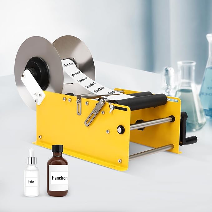 Label Applicator, Manual Bottle Label Applicator Machine Bottle Labeler, Desktop Round Bottle Label Maker for Φ 0.98"-4.72" Bottle, for Home, Office Yellow 10-25pcs/min