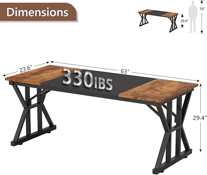 TVU 63-Inch Executive Desk, Large Office Desk with Thicken Frame, Computer Desk Modern Simple Desk for Home Office, Rustic Brown/Black