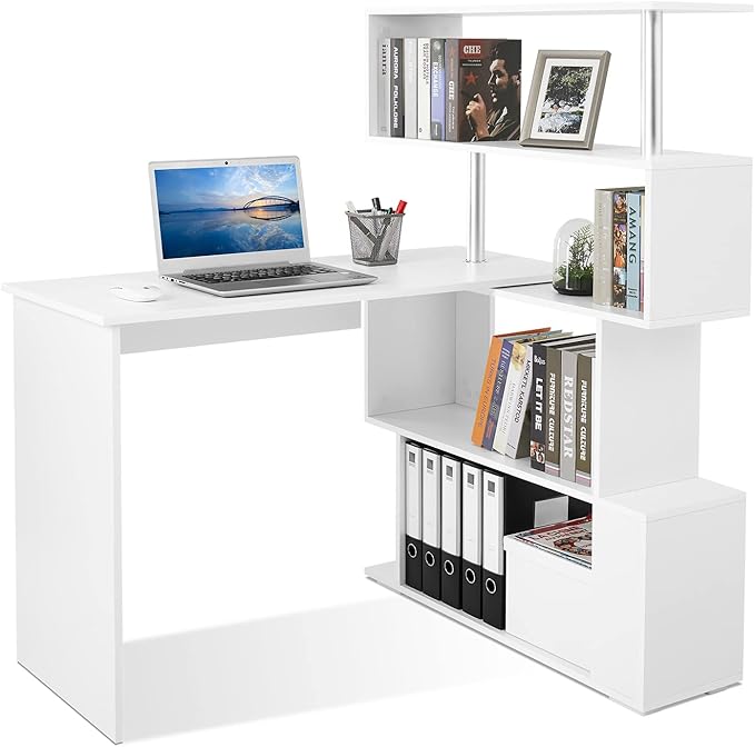 41.7" L Shaped Desk with 4-Tier Storage Shelves, Computer Corner Desk for Study Home Office Living Room (White)
