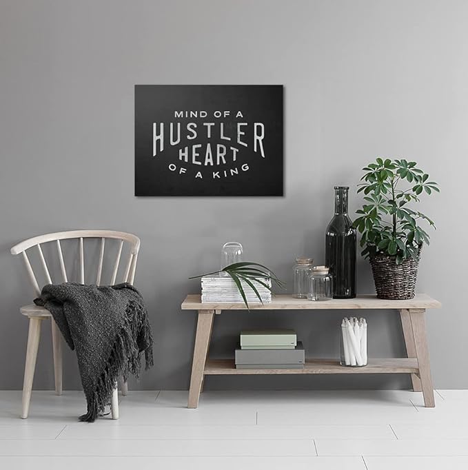 Mind Of A Hustler Heart Of A King - Inspirational Contemporary Entrepreneur Quotes Canvas Wall Art Black and White Motivational Framed Artwork HD Print Easy to Hang-24 Wx18 H