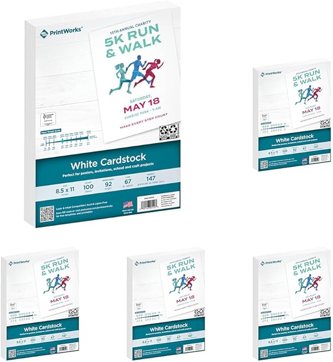 PrintWorks White Cardstock 8.5" x 11" - 67 lb/147 gsm Vellum Bristol, Made in the USA - SFI-Certified 92 Bright Card Stock Printer Paper for School, Craft, & Office Use (00540) 100 Sheets (Pack of 5)