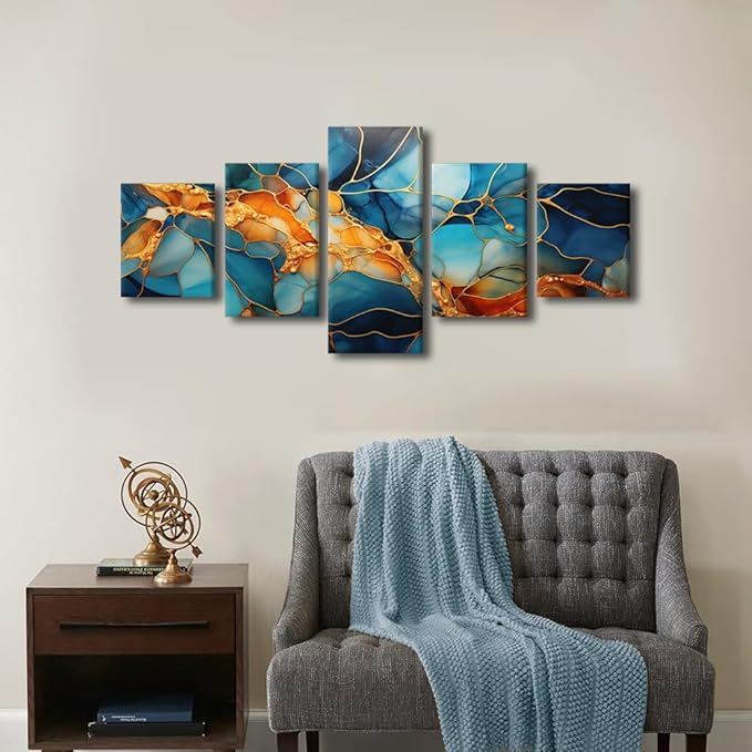Canvas Wall Art Decor Abstract Canvas Wall Art Modern 5 Panel Colorful Glass Window Poster Golden Lines Painting Art Prints for Living Room Decoration Stretched and Framed Ready to Hang 50x24 in