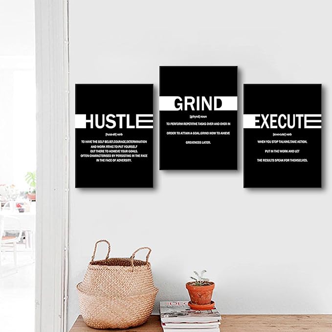 Inspirational Canvas Wall Art Motivational Hustle Grind Execute Print Poster Positive Entrepreneur Quotes Picture Painting Wall Decor for Home Bedroom Office Artwork Ready to Hang [36''Wx16''H]