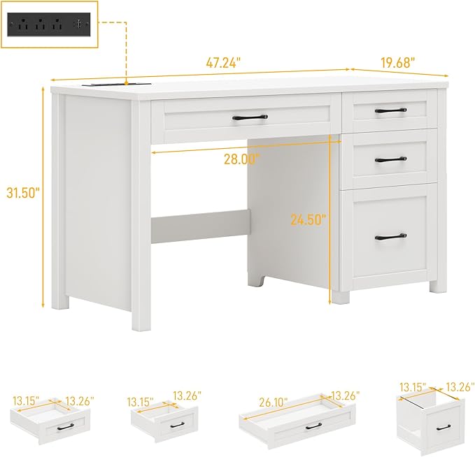 Farmhouse 47" Executive Desk, Computer Desk with File Drawer and Charging Station, Workstation for Home Office, Study.（Cream White
