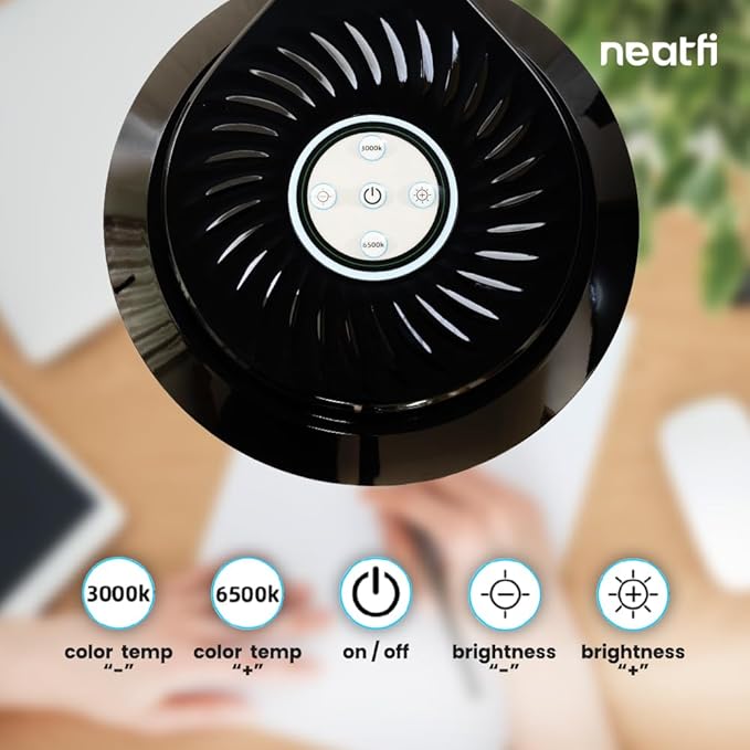 Neatfi LED Desk Lamp | 3,000 Lumens | 30W | 320 SMD LEDs | Dimmable | 3000K–6500K Color Temperature | Adjustable Desk Light for Home, Office, or Workbench (Black)
