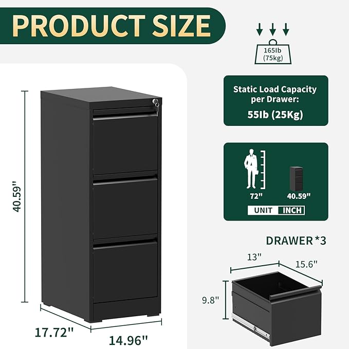 3 Drawer File Cabinet with Lock, Metal Vertical File Cabinets for Home Office, Office Furniture for Organization Hanging Legal/Letter/A4, Office File Cabinet Storage Cabinet, Require Assembly, Black