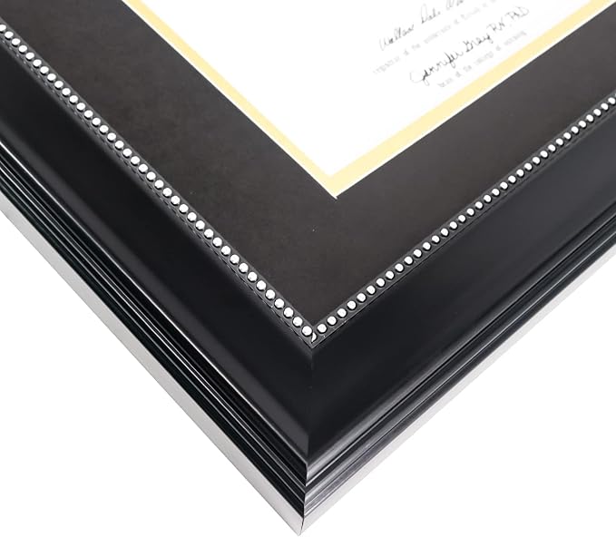 GraduationMall 8.5x11 Diploma Frame with Black over Gold Mat or Display 11x14 Document without Mat, UV Protection Acrylic, Black with Silver Beads