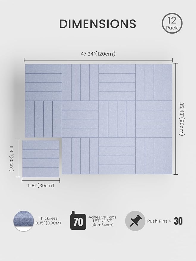 Bumusty Large Cork Board Alternative-48 x 36" Felt Bulletin Board Tiles, with 30 Pushpins, 70 Adhesive Tabs, 12-Pack Slat Wall Paneling, Cork Boards for Office Push Pin Board-Soft Periwinkle