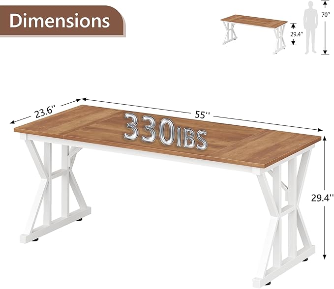 TVU Computer Desk, 55 inch Large Office Desk, Study Writing Table with Thicken Frame, Gaming Desk, Modern Simple Desk for Home Office, Brown
