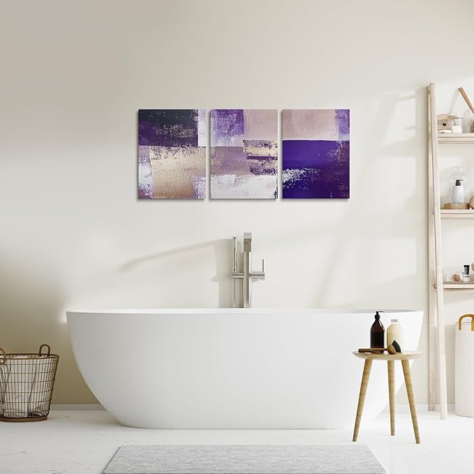 jejeloiu 12"x16"x3pcs Abstract Oil Painting Office Decorations Artwork Posters Abstract Art 3 Piece Canvas Wall Art for Living Room Bedroom Purple Modern Picture Wall Decor