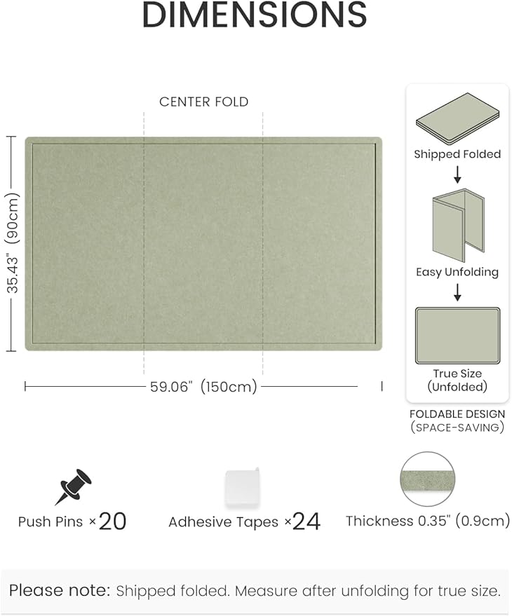 Fluxynara Large Bulletin Board, 59" x 35.4" Cork Board Alternative with 24 Safe Removable Adhesive Tabs, Foldable Felt Pin Board for Home Office, Classroom, Bedroom,Entryway for Walls— Sage