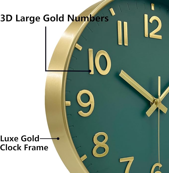Modern Wall Clock, 10 Inch Digital Wall Clocks Battery Operated, Round Non Ticking Silent Analog Clock for Bedroom Living Room Kitchen Office Gym Classroom Decor, Gold Green Battery Clock