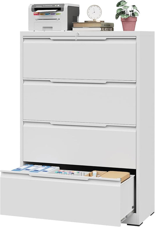 4 Drawer Lateral File Cabinet with Lock, Heavy-Duty Metal Filing Cabinet for Home Office, Steel Storage Compatible with Hanging Files Letter/Legal/F4/A4 Sizes (4 Drawer, White)