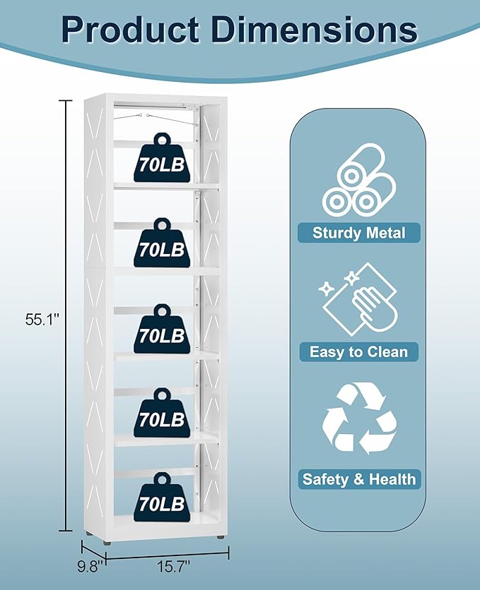 5-Tier Metal Bookshelf, Adjustable Bookcase with Anti-Tip Kit & Leveling Feet, Heavy-Duty Metal Storage Organizer, Modern Corner Shelves for Kitchen, Garage, Home Office
