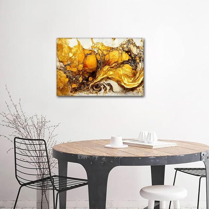 Modern Canvas Wall Art 1 Panel Abstract Wall Decor Artwork Gold and White Marble Art Poster Prints on Canvas for Dilettante Living Room Bedroom Wall Decor Stretched and Framed Ready to Hang 24x16 in